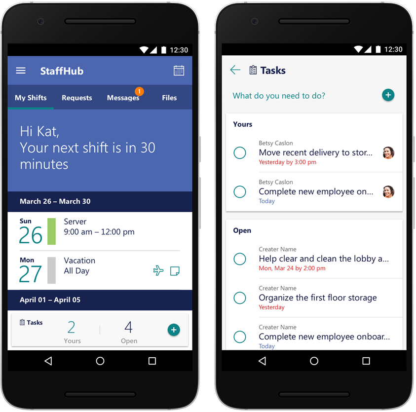 The new task view in StaffHub on an Android phone. The image shows the simple creation and completion of tasks.