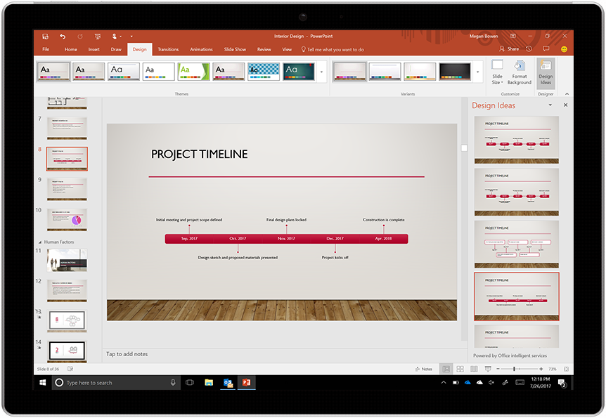 A timeline created with PowerPoint designer and a number of alternate design options.