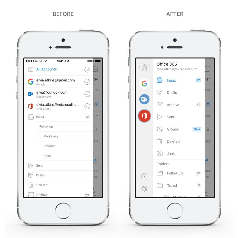 Image showing side-by-side mobile devices with the before and after of how users switch between accounts and folders.