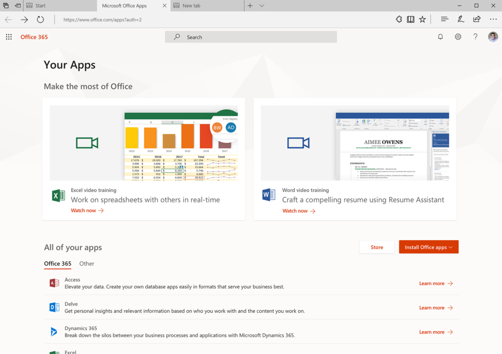 Image of the new Office 365 gallery, where you can explore apps.