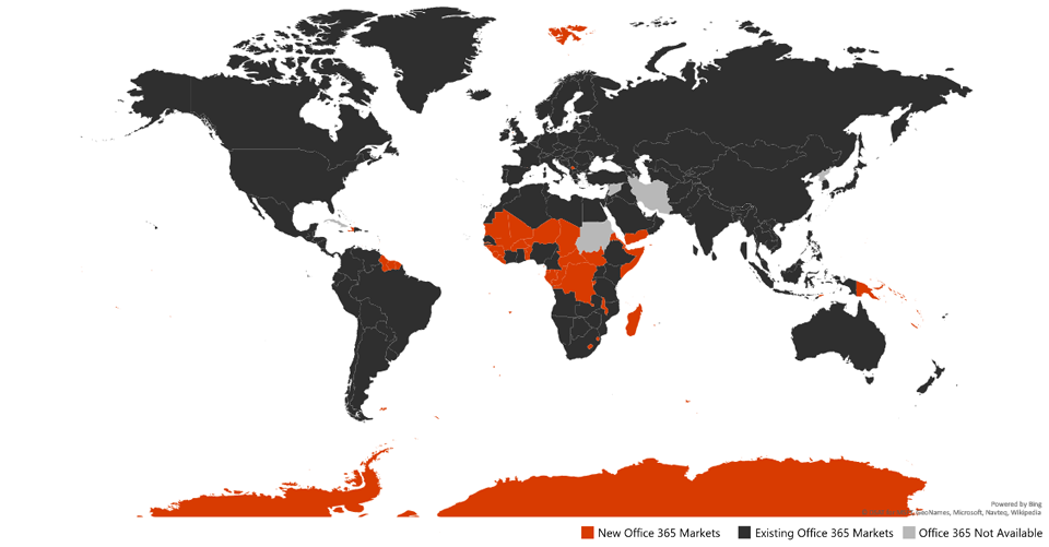 A world map shows new and existing Office 365 markets.