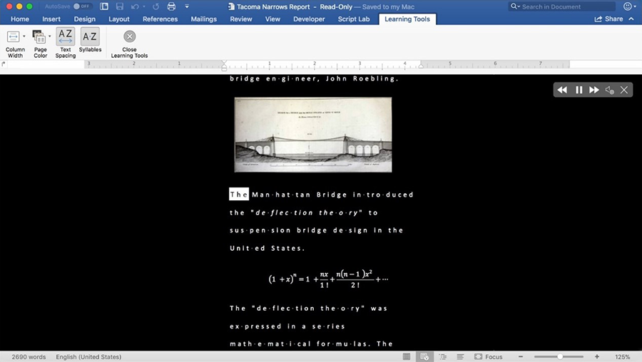Screenshot dipslays Immersive Reader in Microsoft Word.