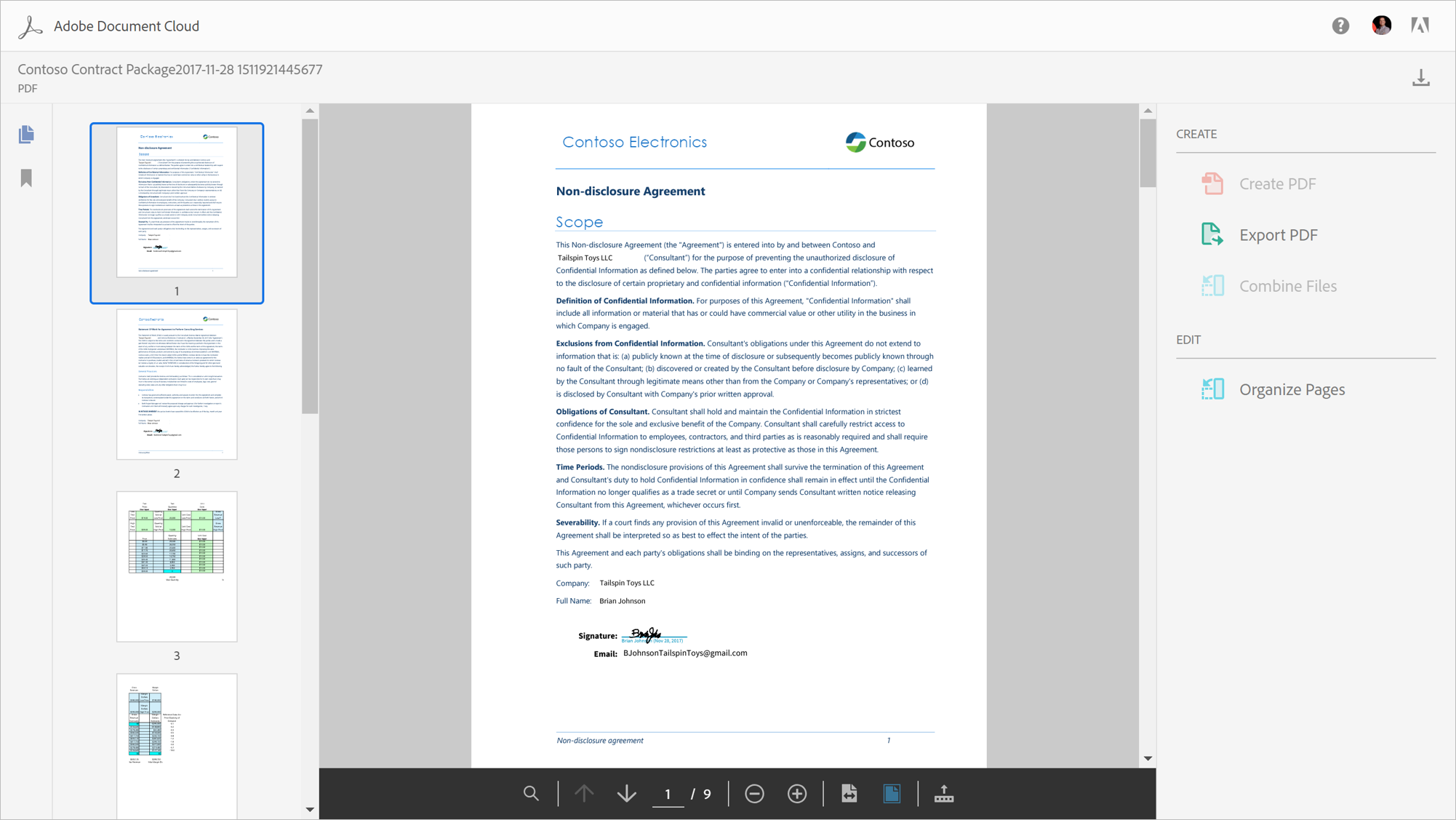 A screenshot displays a non-disclosure agreement in the Adobe Document Cloud.
