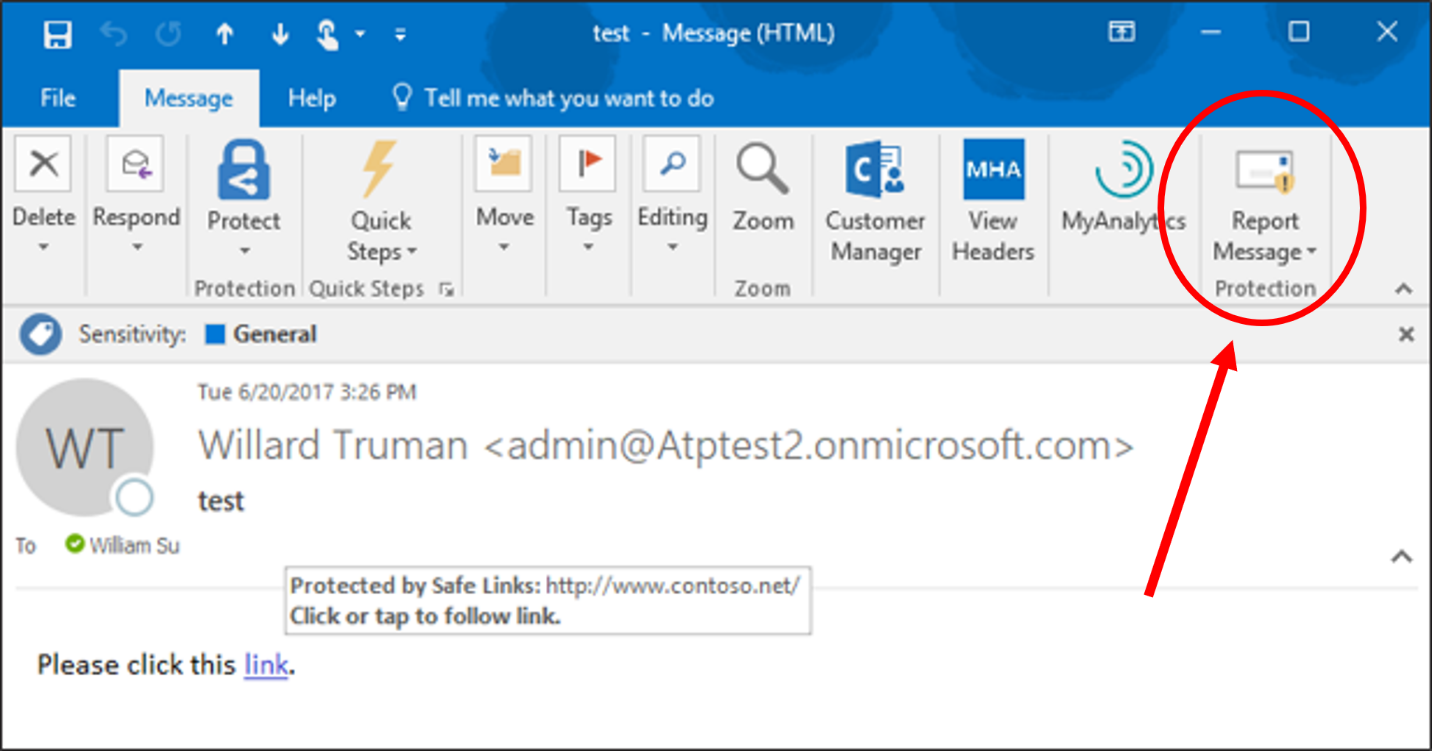 A screenshot displays an example of the Native Link Rendering and Report Message features in Outlook Web App.