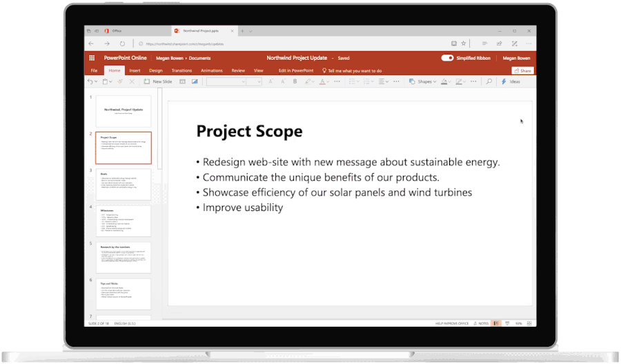 Animated image shows a laptop open and Ideas being used in PowerPoint.