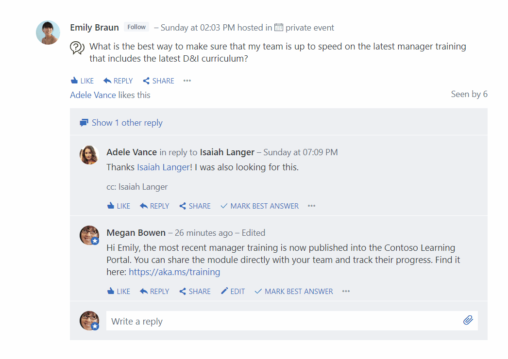 Animated image portraying Yammer question and answer functionality. A cursor clicks "mark best answer" on a person's reply.