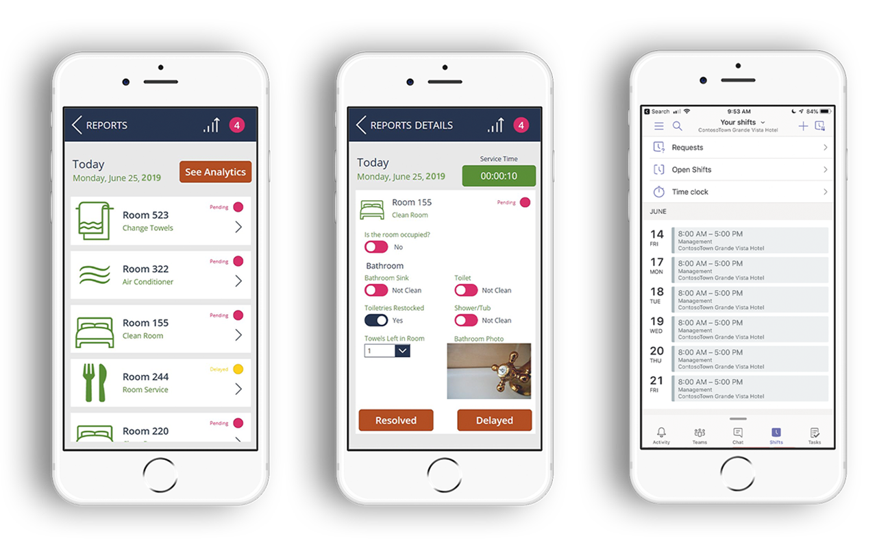 Image of three phones showing PowerApps and Shifts. Two phones show analytics reports, the third a schedule in Shifts.
