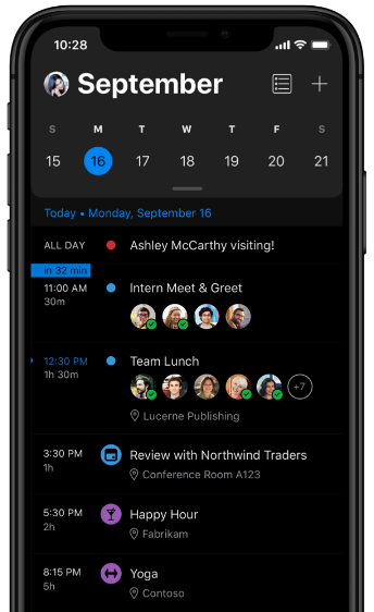 Image of Dark Mode in Outlook being used on a mobile device. The calendar shows September 16 meetings.