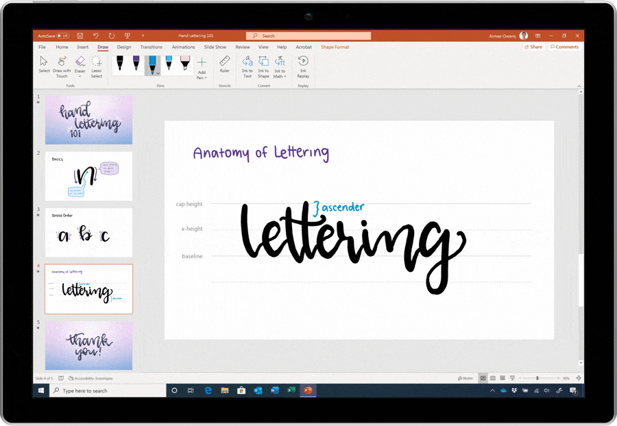 Animated image of animations being used in PowerPoint to highlight the anatomy of lettering.
