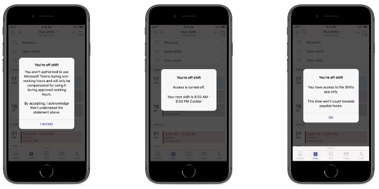 Image showing access turned off in Teams for a worker who's off shift.