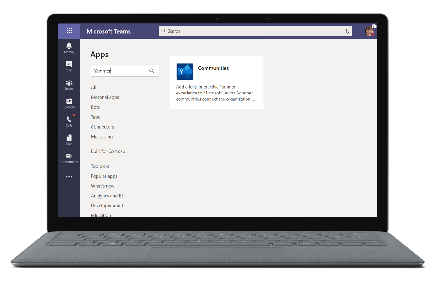 Image of the Yammer app being searched for in Microsoft Teams.