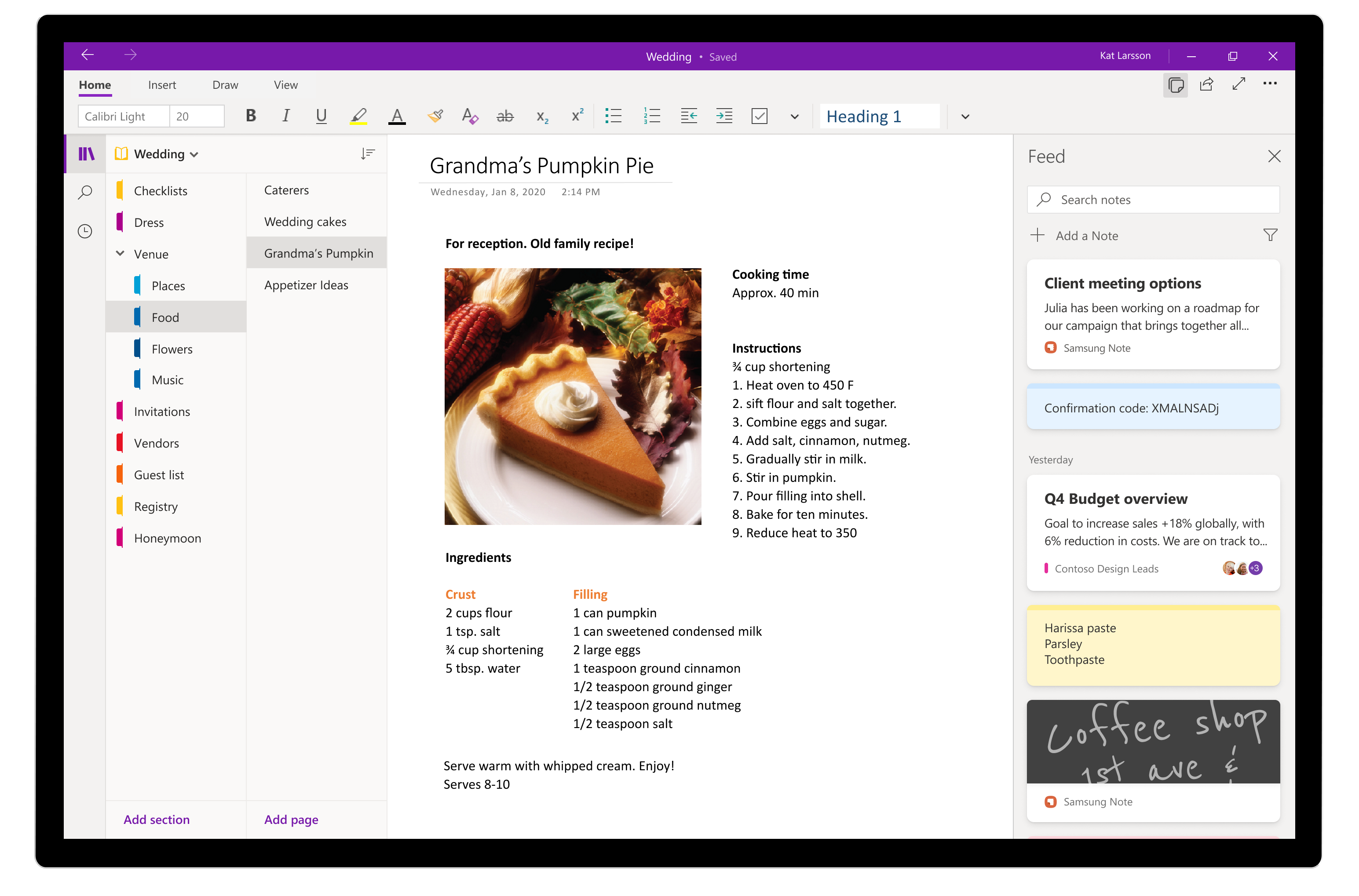 This image shows how you can reference your notes in a OneNote page and capture any new thoughts by creating a Sticky Note in your feed without leaving OneNote.