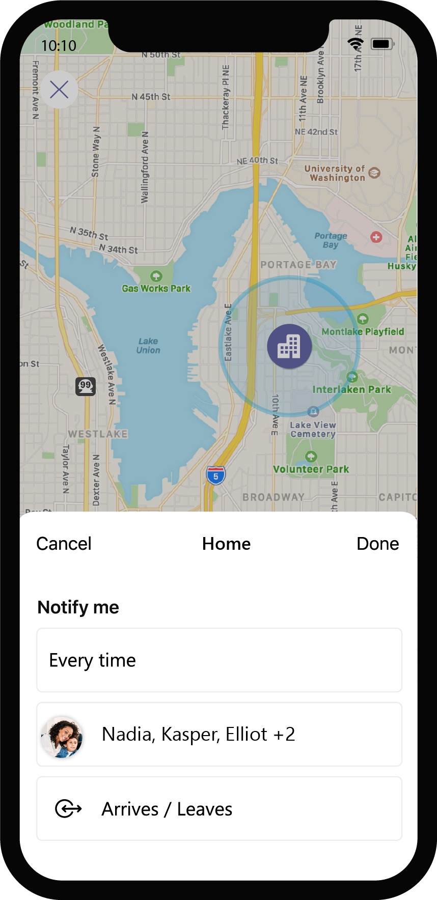 A mobile phone showing the location of an individual with a notification settings panel