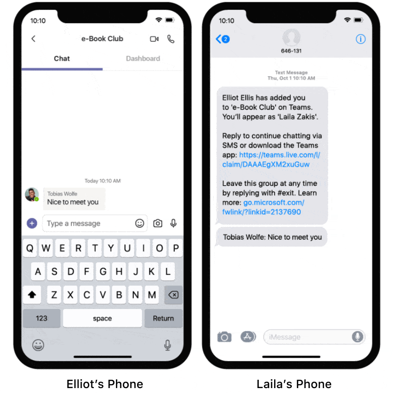 Two Iphones are shown side by side. On the left the user is sending messages through teams and on the right side, the phone is showing the messages being sent simultaneously through automatic text messages.