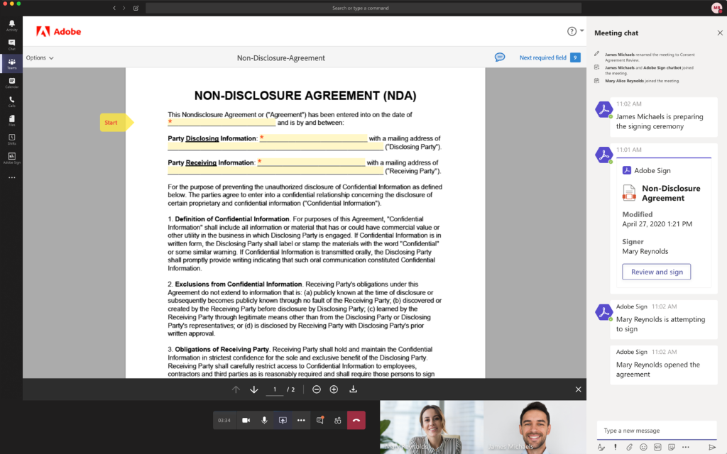Image displaying the Adobe Sign Teams app being used on a contract in the context of a Teams meeting.