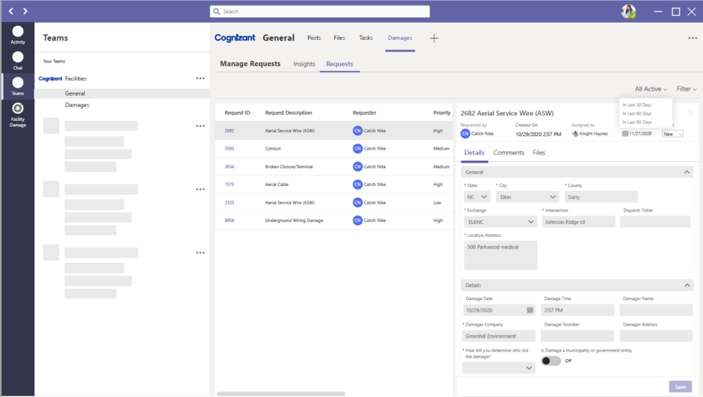 Image displaying the Cognizant Facility Damage reporting app showing the damage entry interface to log data.