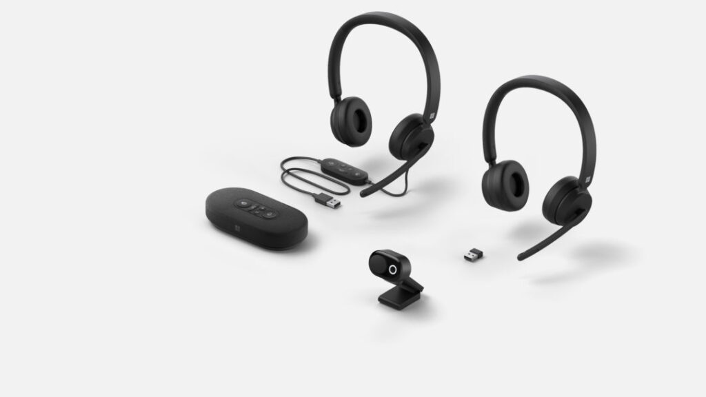 A Microsoft Modern USB Headset, a Microsoft Modern Wireless Headset,  a Microsoft Modern USB-C Speaker, and a Microsoft Modern Webcam.