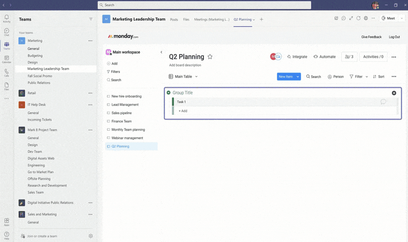Incorporates boards, views, charts, and automations into Teams