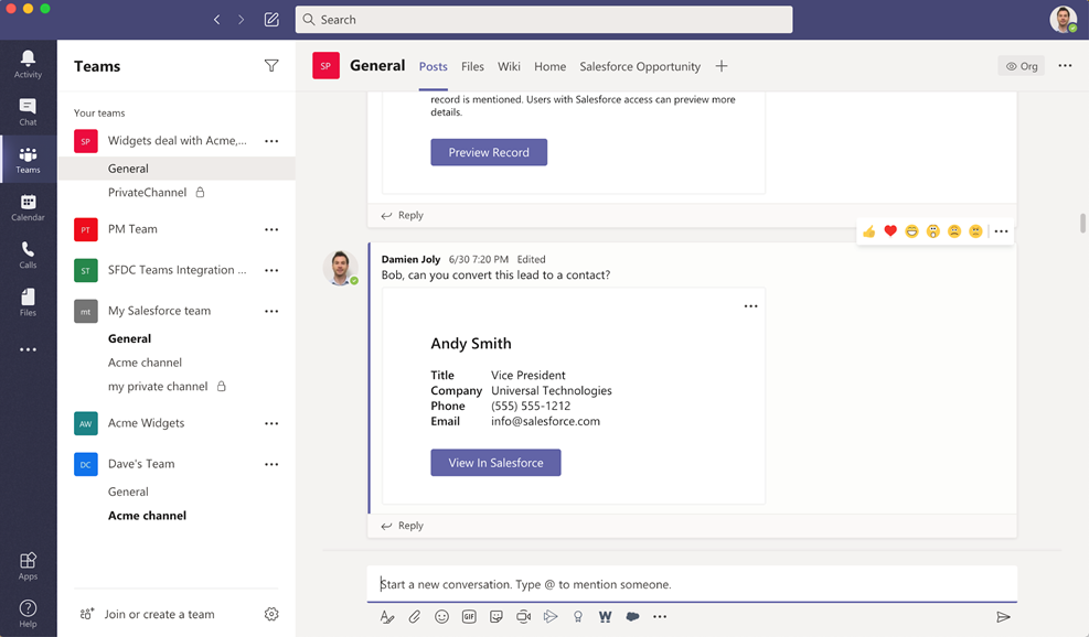 Users can pin Salesforce records to channels, chats, and calendar meetings all in Teams
