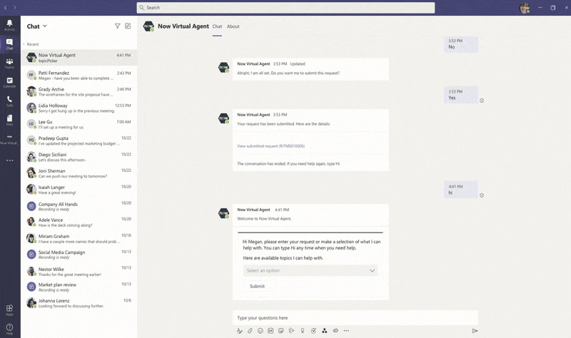 ServiceNow’s AI-powered Virtual Agent chatbot surfacing in Teams