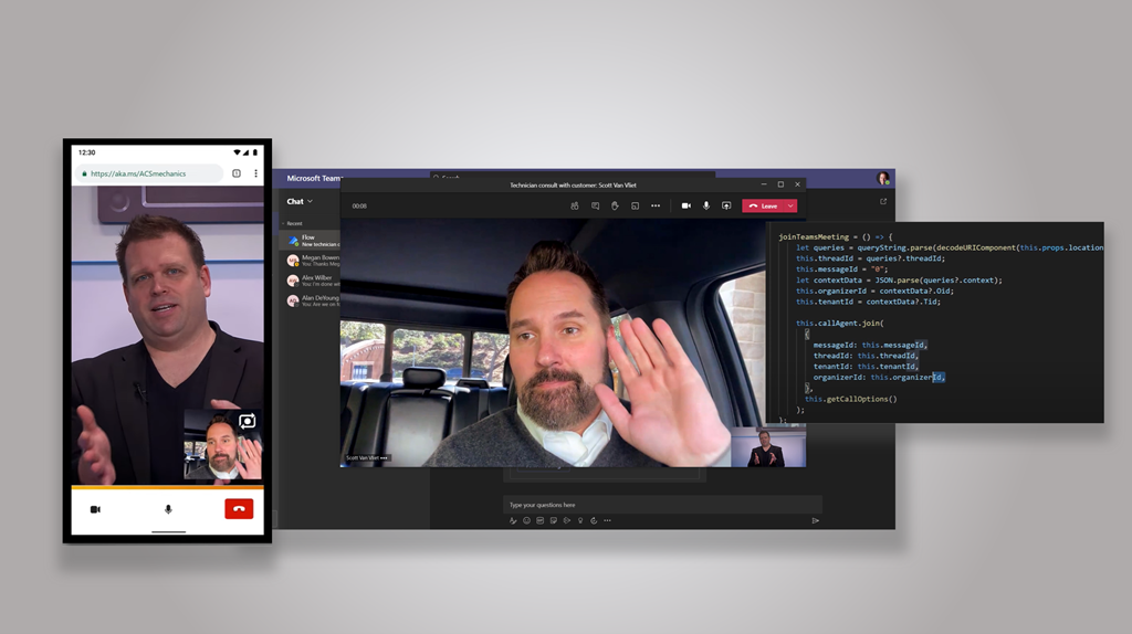 Microsoft Teams with Azure Communication Services video calling interface with an agent and customer on a mobile device.