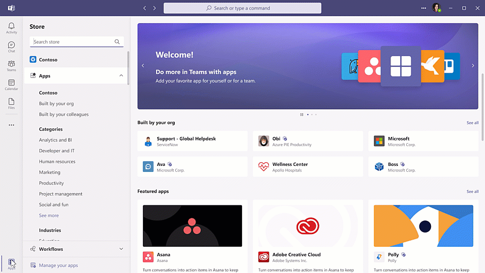 Animated image of the new Microsoft Teams in-product app store interface, which showcases a new rotating banner of popular apps, intelligent recommendations of curated apps, and guides and articles that highlight a collection of apps for a given scenario.