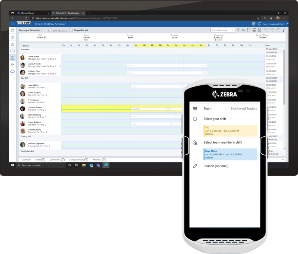 One tablet screen from Zebra Reflexis Workforce Management system and one mobile device of Shifts in Teams on a Zebra device showing the same shift swapping information on both.