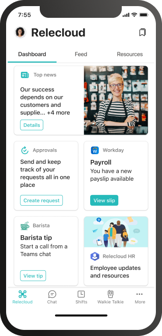A mobile device showing Viva Connections with new partner dashboard cards for Workday and Espressive Barista.