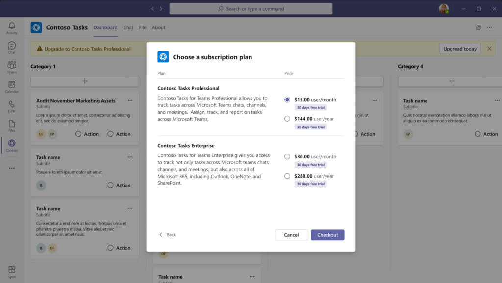 Microsoft Teams subscription plan options for in-app purchasing.