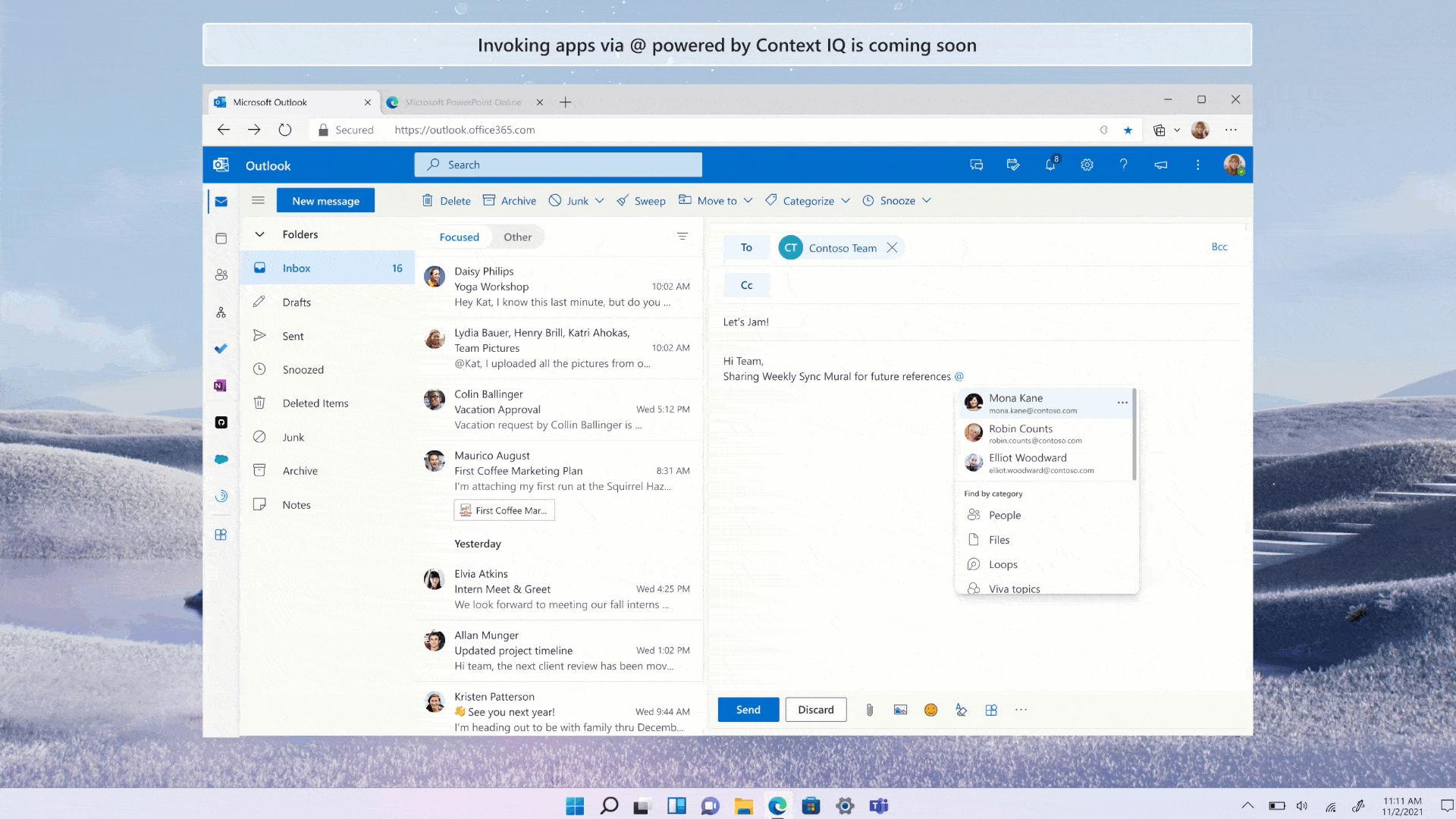 In motion demonstration of MURAL extending personal tabs and search-based message extensions.