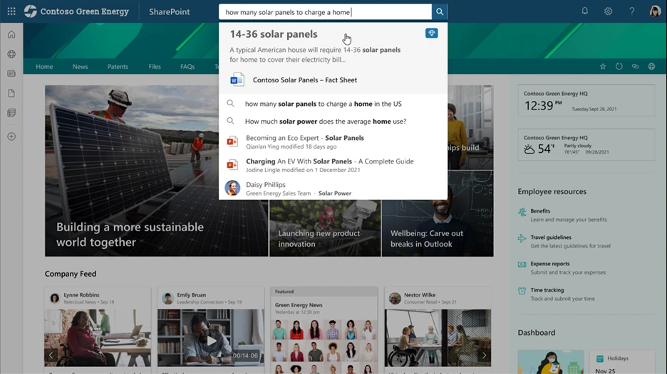 A SharePoint page for Contoso Green Energy company, with Search bar at the top and the query &ldquo;how many solar panels to charge a home&rdquo; and listing the suggested answer, relevant files, and suggested contact.