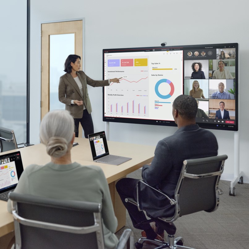 Hybrid meeting in corporate office.