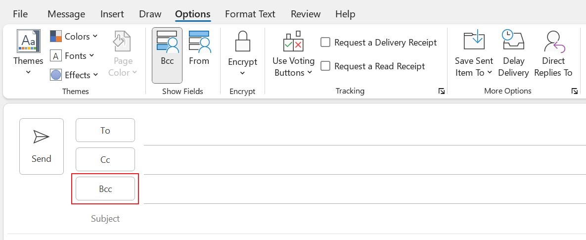 Add BCC in Outlook New email message in Outlook with red box around Bcc line. Bcc line appears below To and Cc.