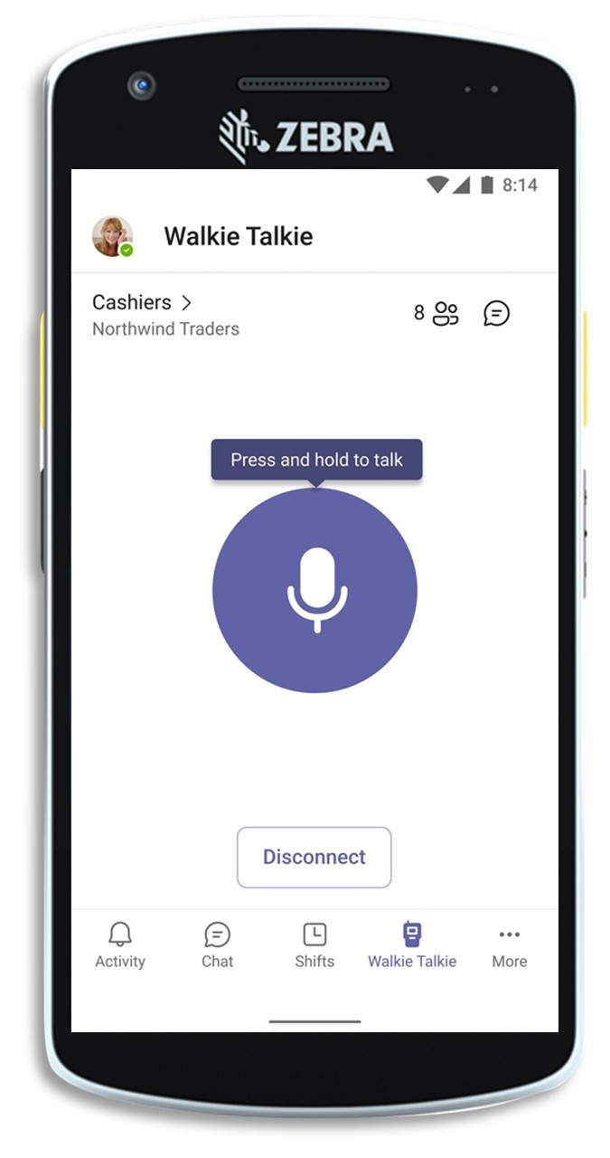 A front facing view of Zebra brand mobile device using the walkie talkie on Microsoft Teams.