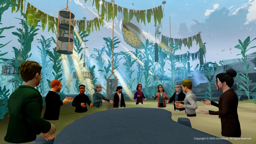 A 3D animation in the Kelp Conference Room featuring a group of people gathering around a table in a kelp forest.