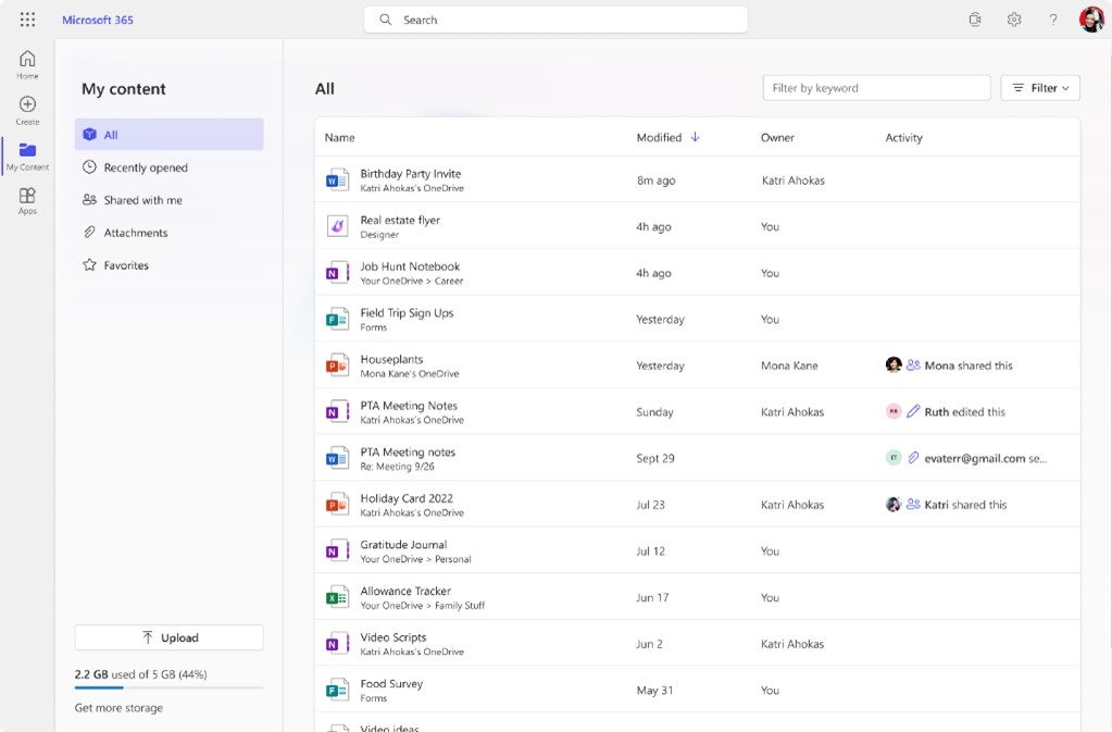 Microsoft 365 app showing My Content screen.