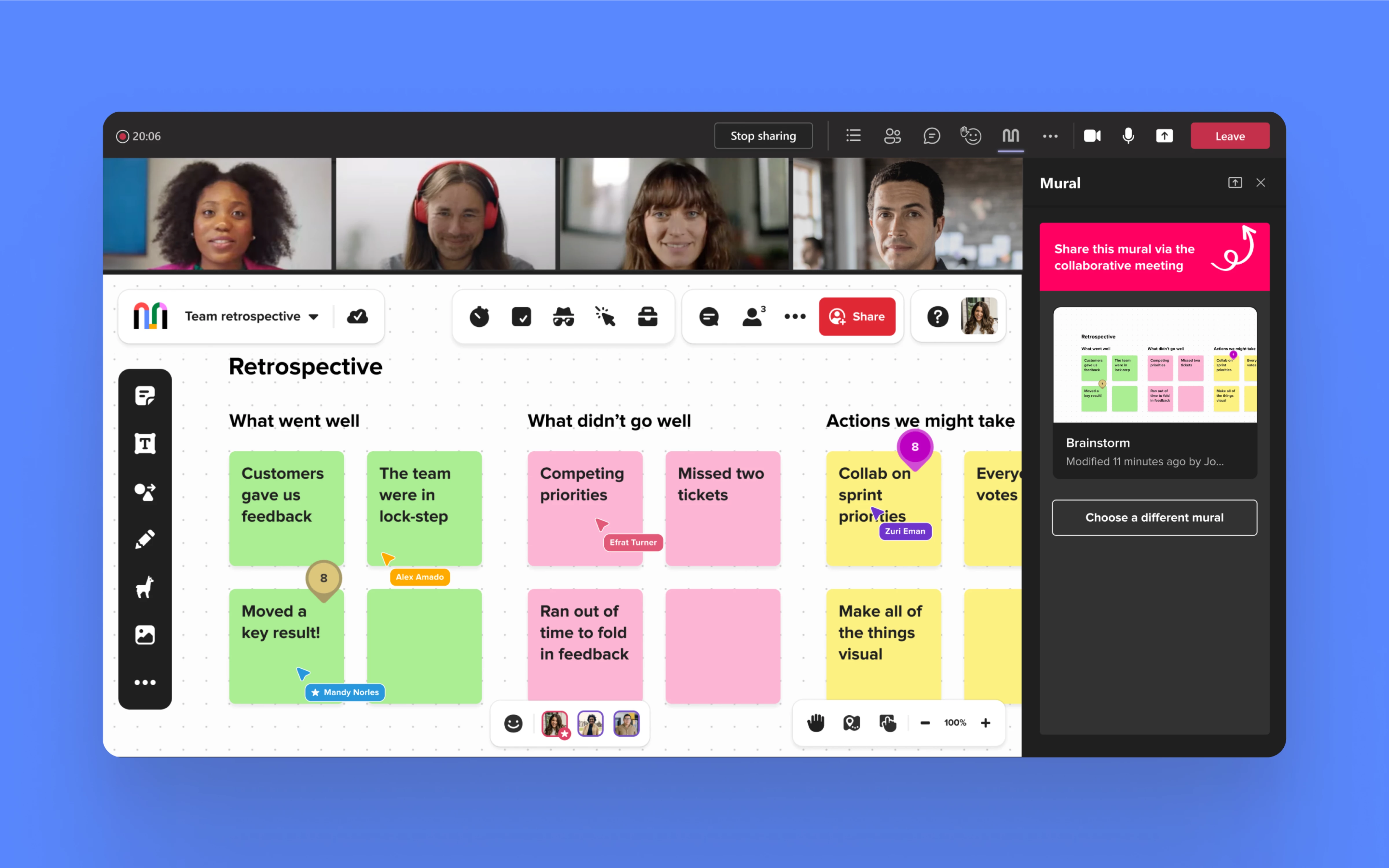 The Mural for Microsoft Teams, Outlook, and Office app displayed on a meeting stage within Microsoft Teams.