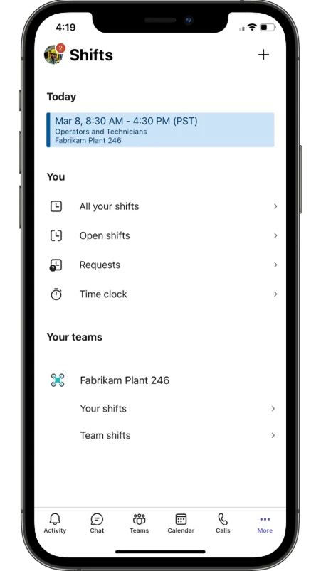 Microsoft Teams Shifts connector preview showing how a frontline manufacturing worker can view their shifts. 
