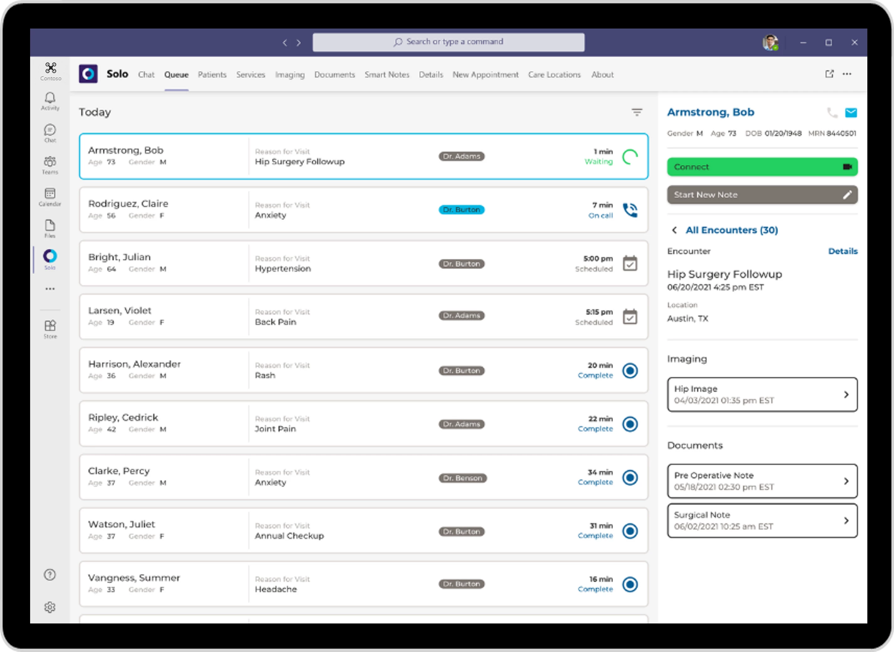 Table device displaying the Teladoc Health Solo Queue dashboard in Microsoft Teams.