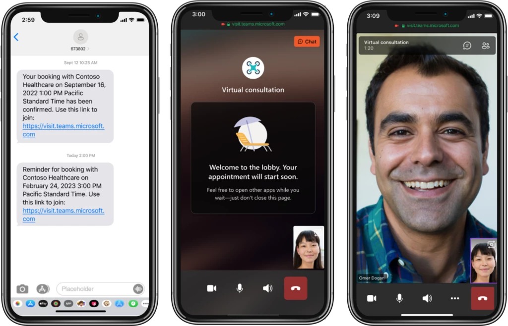 Three mobile devices displaying a virtual consultation from a patient&rsquo;s perspective on Virtual Appointments in Microsoft Teams, showing a text reminder, virtual waiting room, and the Virtual Appointment. 