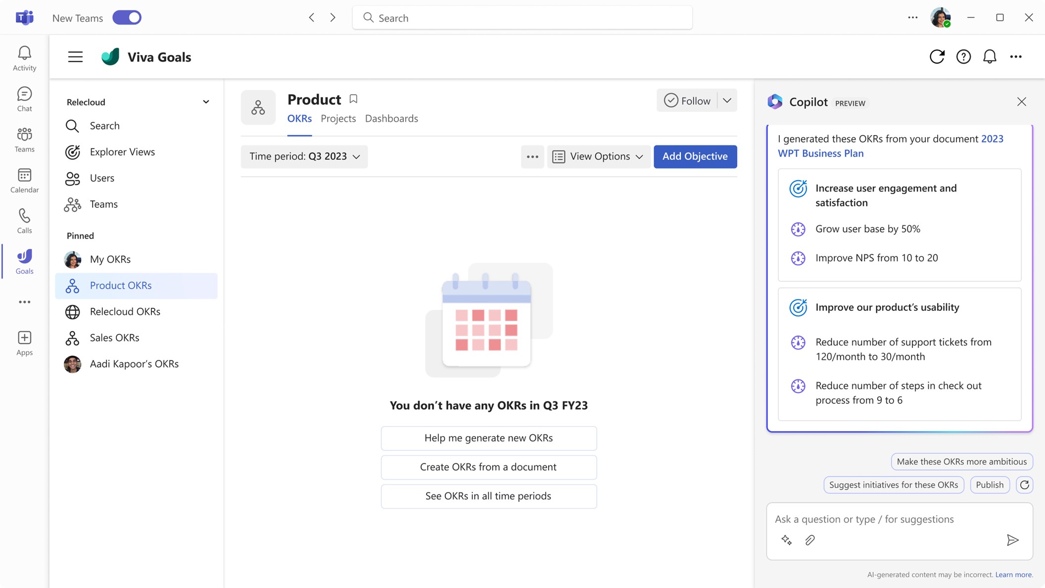 Screenshot of Viva Goals interface in Microsoft Teams with AI suggestions for OKRs.