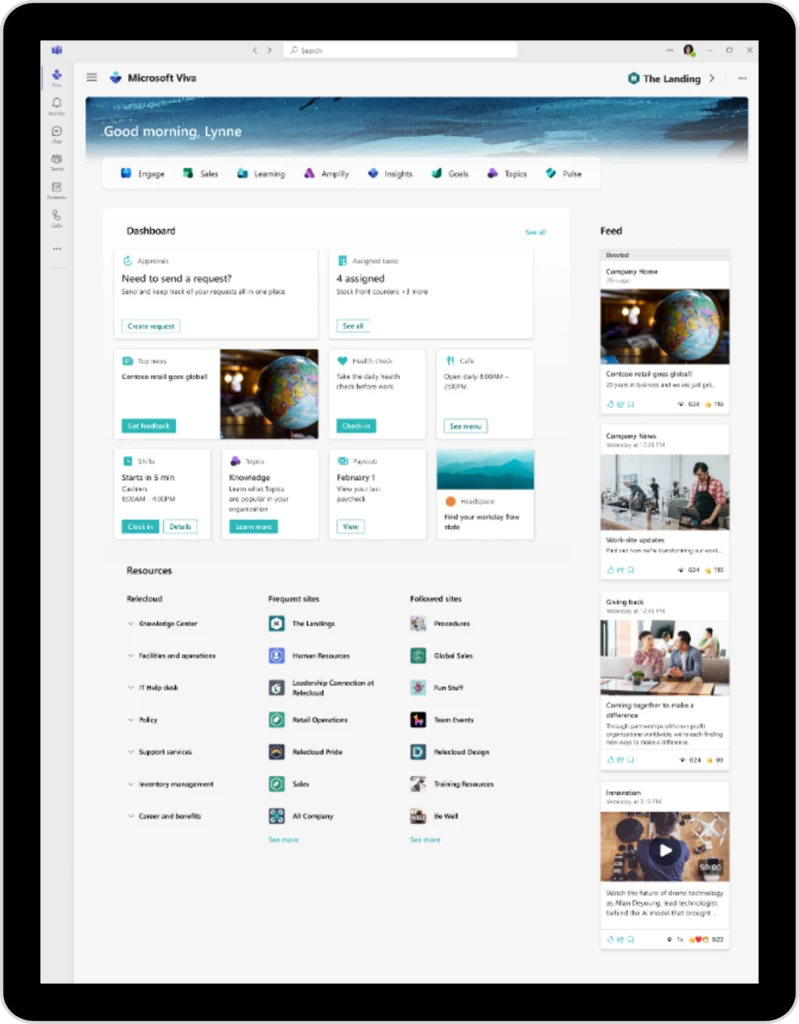 Tablet device showing the Microsoft Viva home experience with Dashboard, Feed, and Resources.