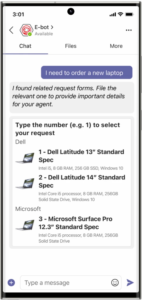 A screenshot of Moveworks on Teams on a phone, showing a chat with the Equinix E-Bot about ordering a new laptop