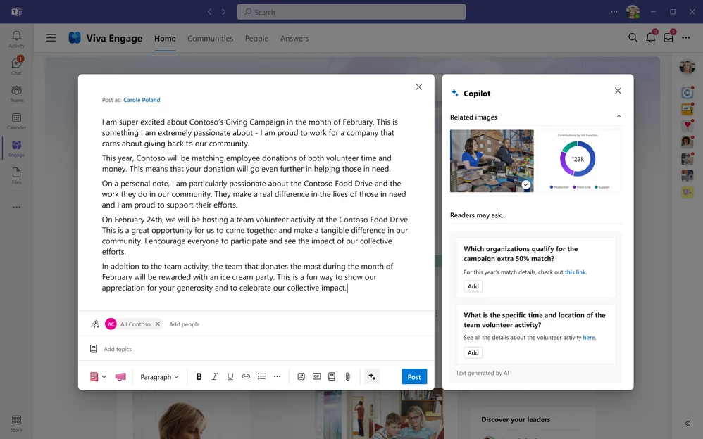 A Teams window with Viva Engage open and a communicator drafting a message with the help of Copilot. Copilot is suggesting related images and potential reader questions in the side pane.
