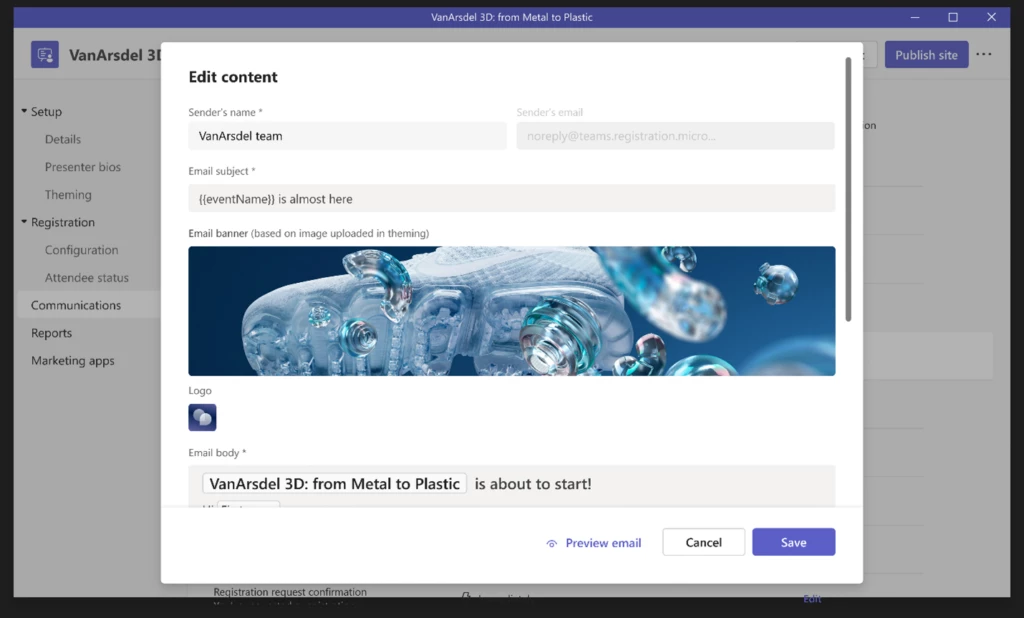 Customizable email communications for webinars in Teams Premium