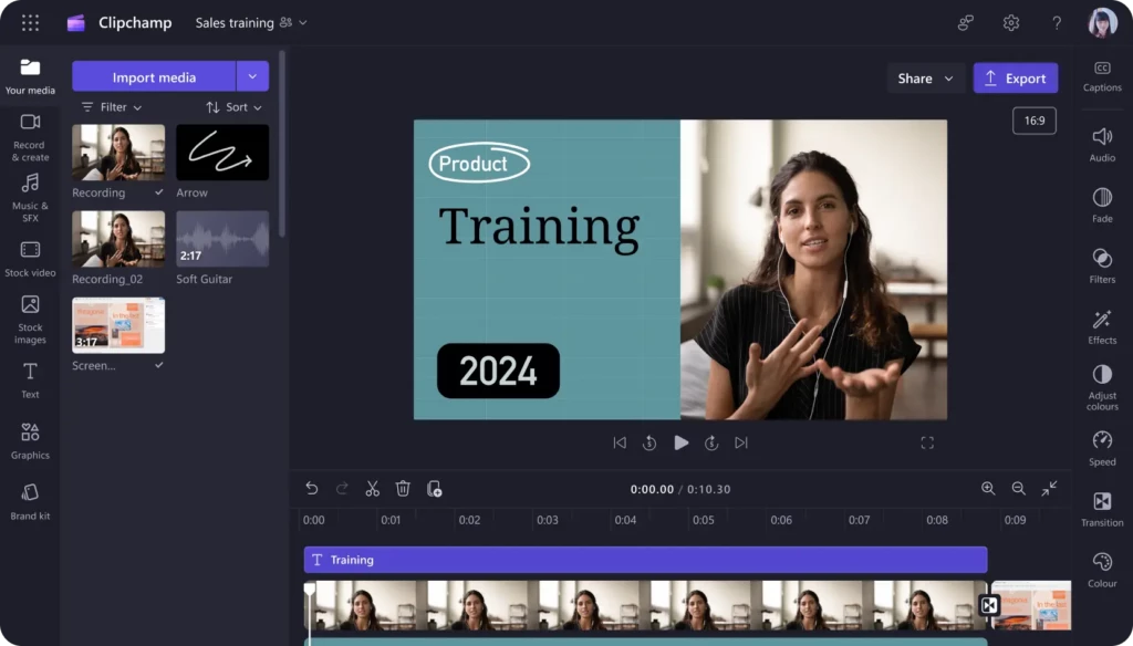 A screenshot of the Clipchamp app editing a video.