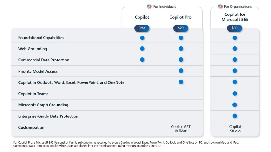 There are 9 rows of text: Foundational Capabilities, Web Grounding, Commercial Data Protection, Priority Model Access, Copilot in Outlook, Word, Excel, PowerPoint, and OneNote, Copilot in Teams, Microsoft Graph Grounding, Enterprise-Grade Data Protection, and Customization.