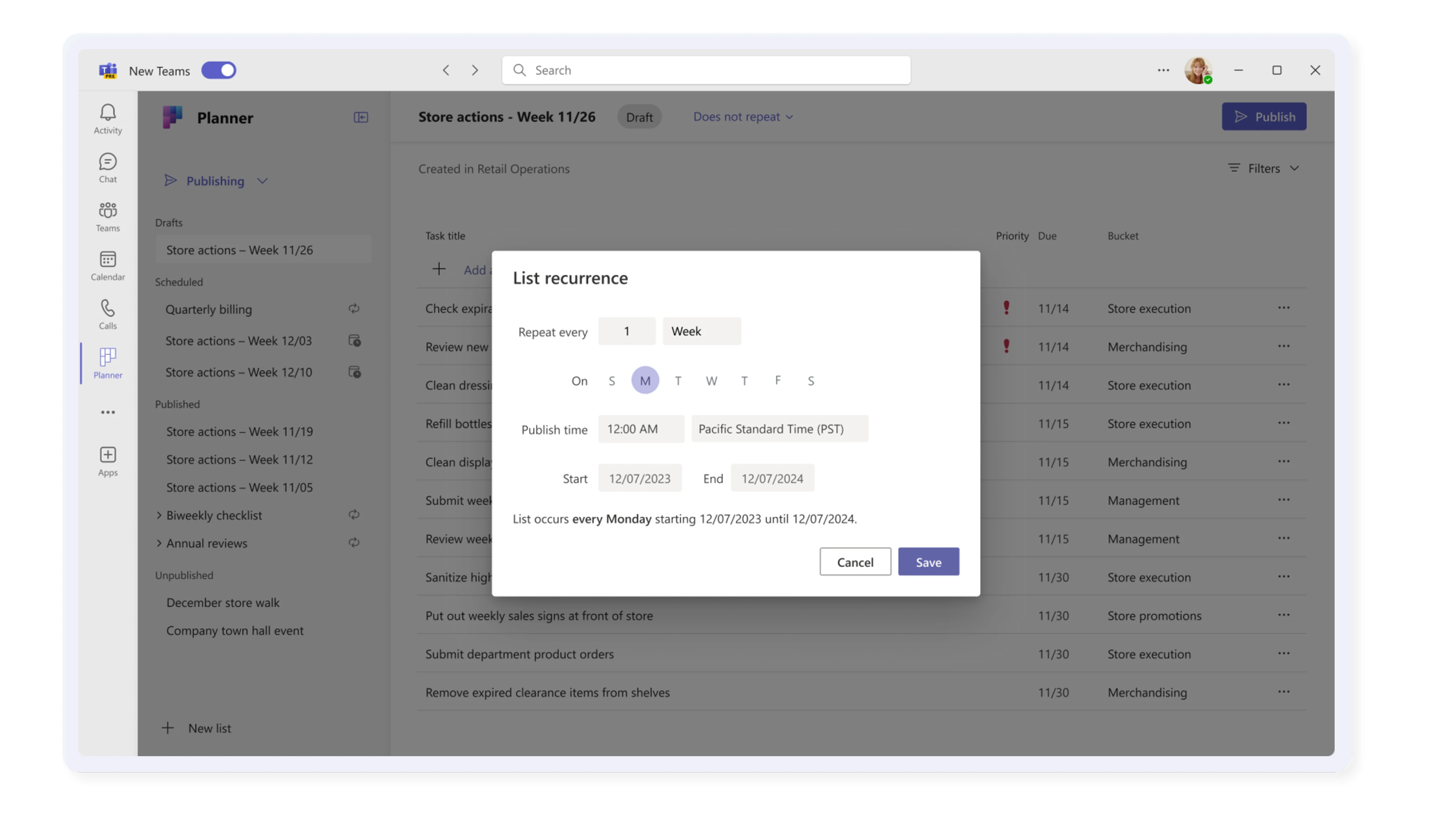 List recurrence screenshot