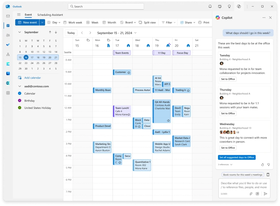 An Outlook Calendar with a week view and a Copilot panel open on the right with suggested days for going into the office.