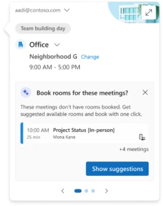A Places peek card in the Calendar that offers to show suggested rooms to book for an in-person meeting.